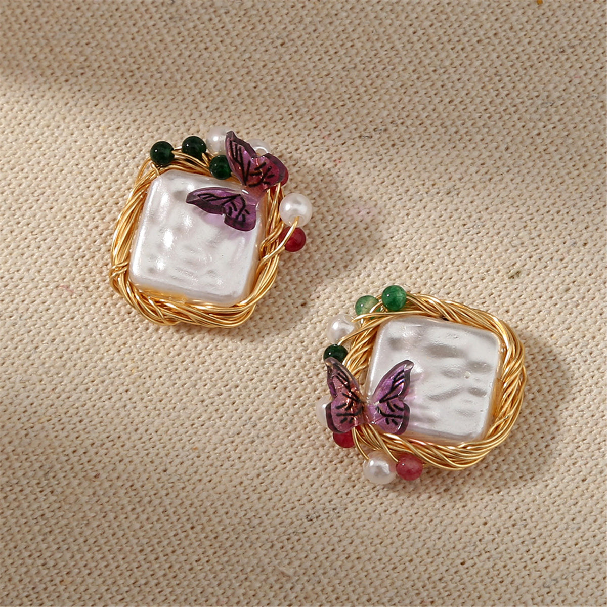 Pearl and Purple Butterfly Square Stud Earrings, stud earrings for women, elegant gift for her, lifestyle look