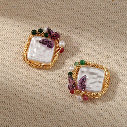 Pearl and Purple Butterfly Square Stud Earrings, stud earrings for women, elegant gift for her, lifestyle look