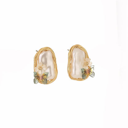 Pearl & Green Butterfly Stud Earrings