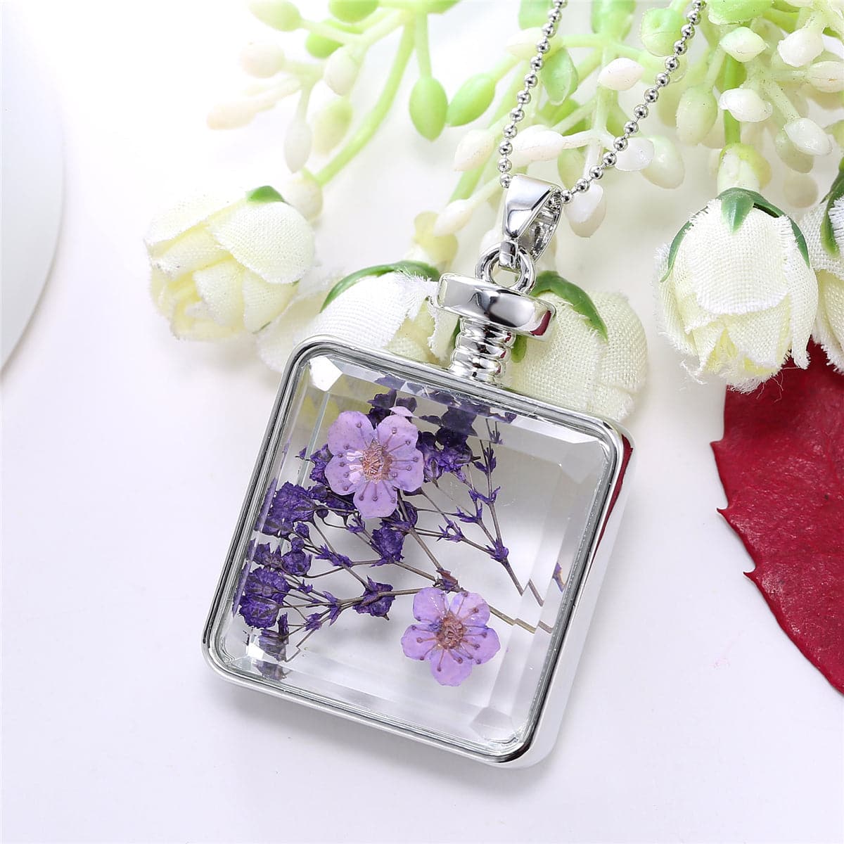 Purple Pressed Peach Blossom & Silver-Plated Square Pendant Necklace