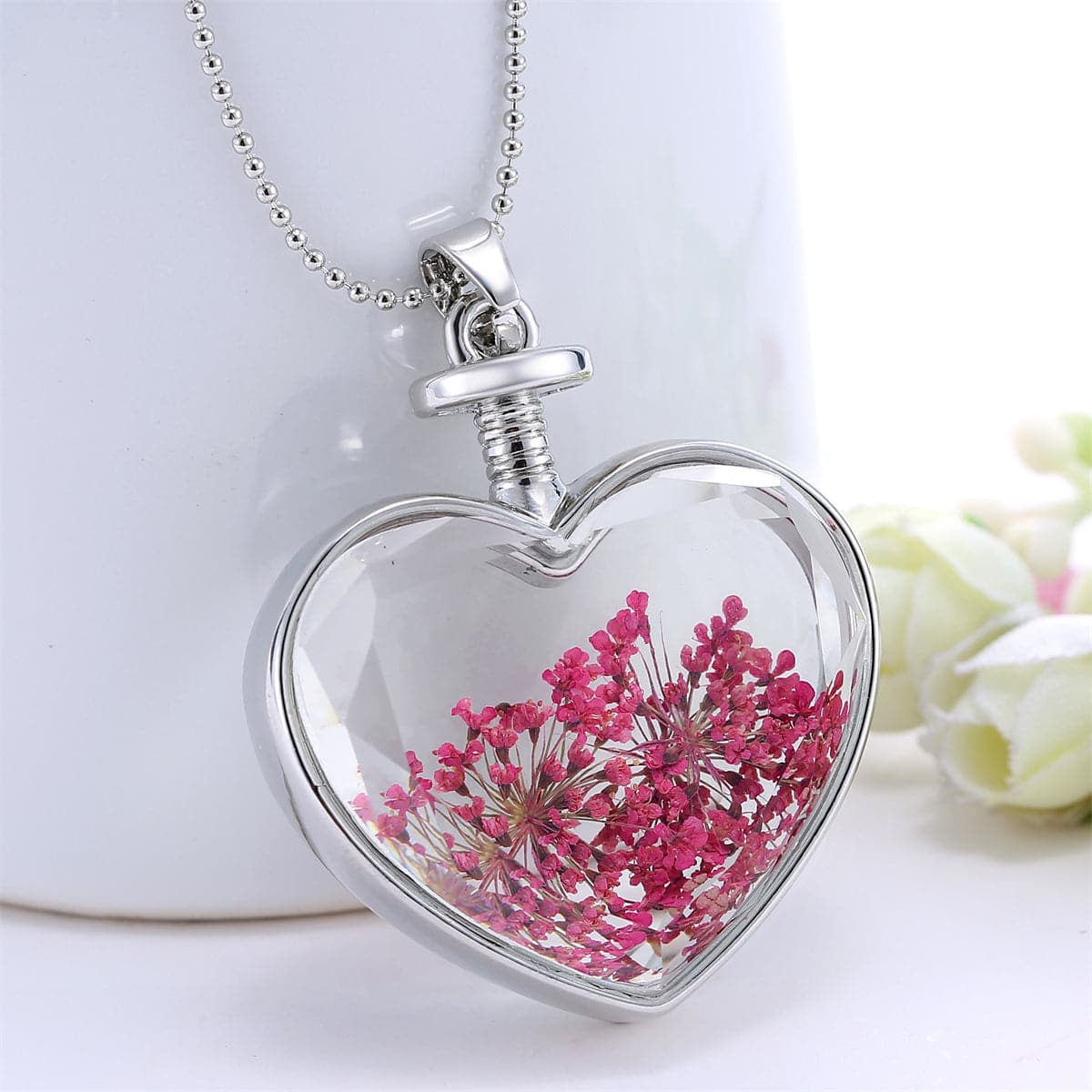 Rose Pressed Gypsophila and Silver-Plated Heart Pendant Necklace, silver pendant necklace for women, front view