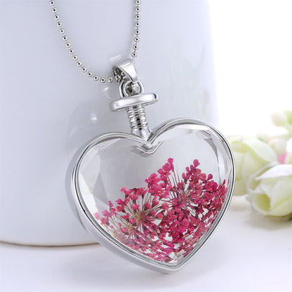 Rose Pressed Gypsophila and Silver-Plated Heart Pendant Necklace, silver pendant necklace for women, front view