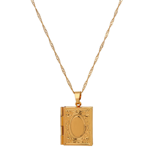 18K Gold-Plated Book Locket, gold pendant necklace for women, elegant gift for her, front view
