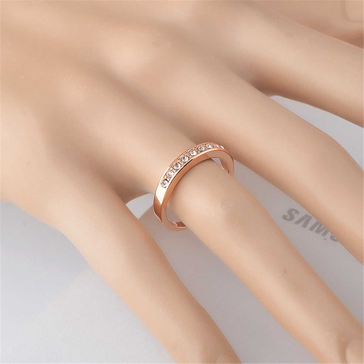 Cubic Zirconia and 18K Rose Gold-Plated Band Ring, rose gold statement rings for women, dainty minimalist design, side view