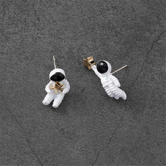 White Oil Drip and 18K Gold-Plated Astronaut Stud Earrings, gold stud earrings for women, vintage-inspired design, front view