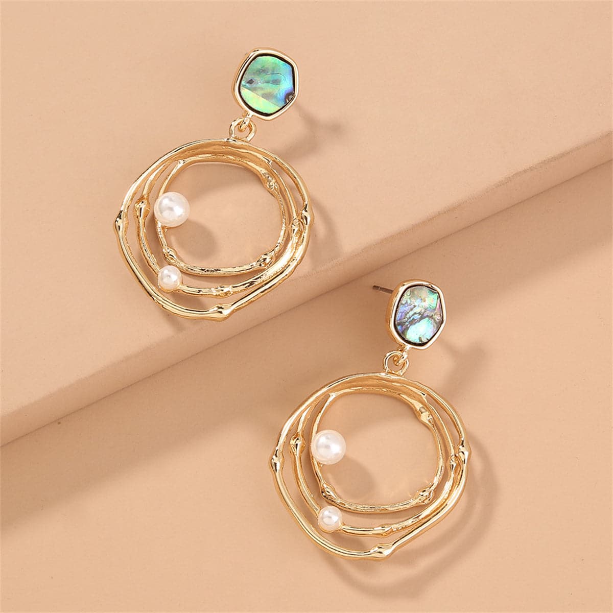 Abalone Shell and Pearl 18K Gold-Plated Layered Drop Earrings, gold drop earrings for women, botanical inspired, side view