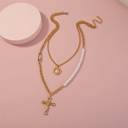 Cubic Zirconia & Pearl 18K Gold-Plated Cross Layered Necklace