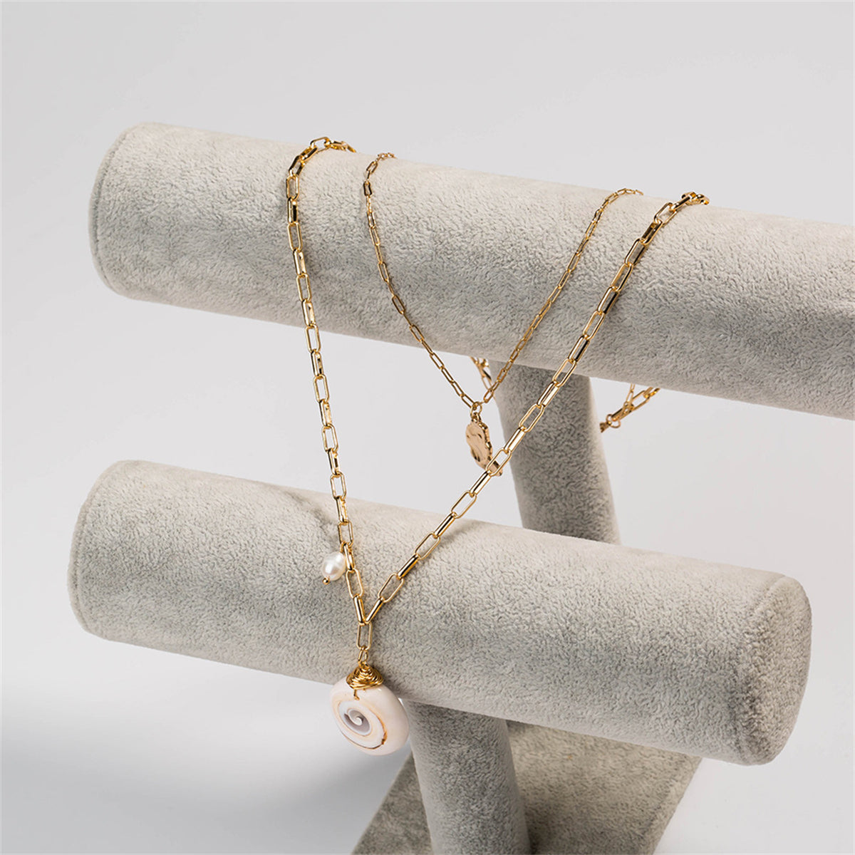 Shell and 18K Gold-Plated Layered Pendant Necklace, gold pendant necklace for women, vintage-inspired design, styled look