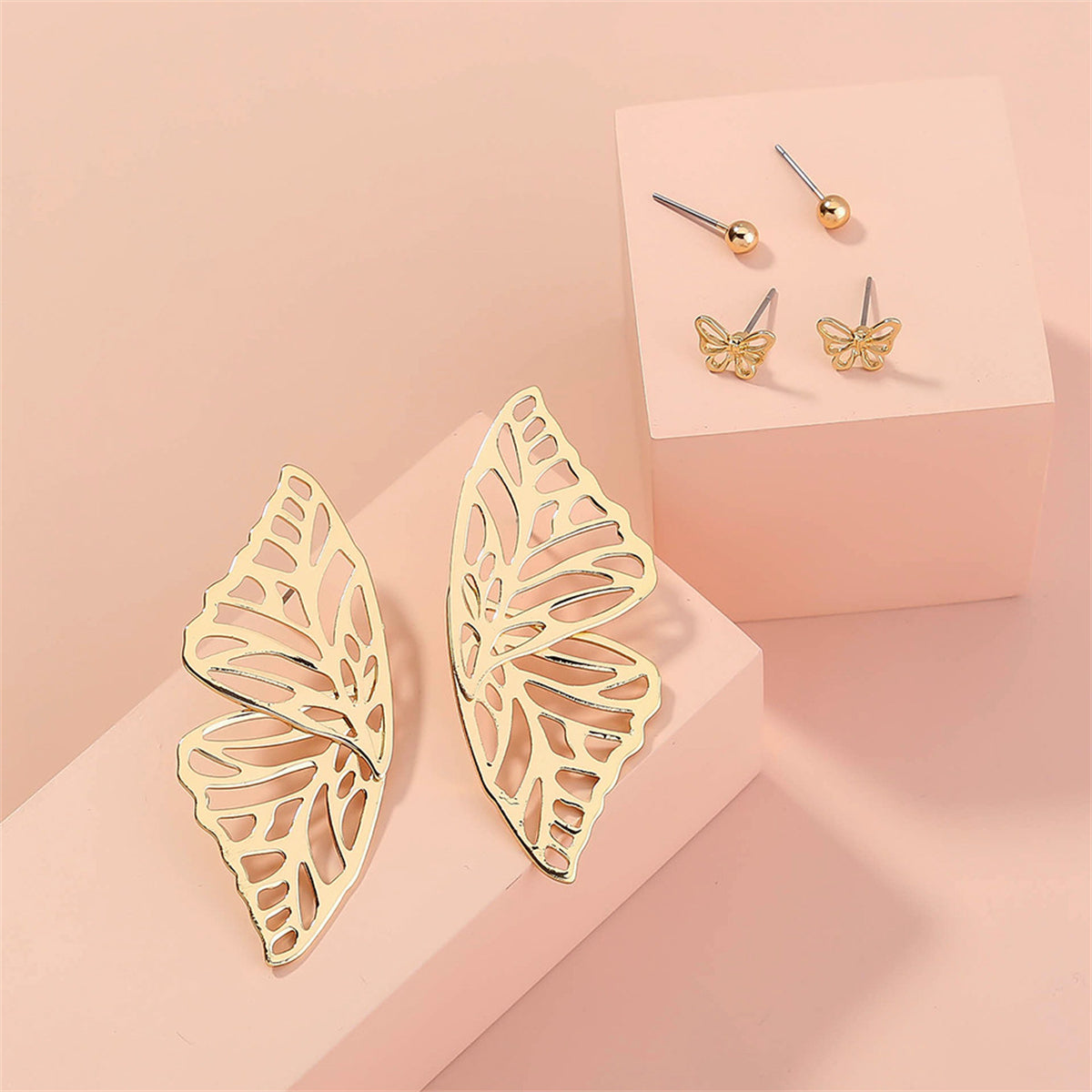 18K Gold-Plated Butterfly Stud Earrings Set, gold stud earrings for women, everyday style, styled look