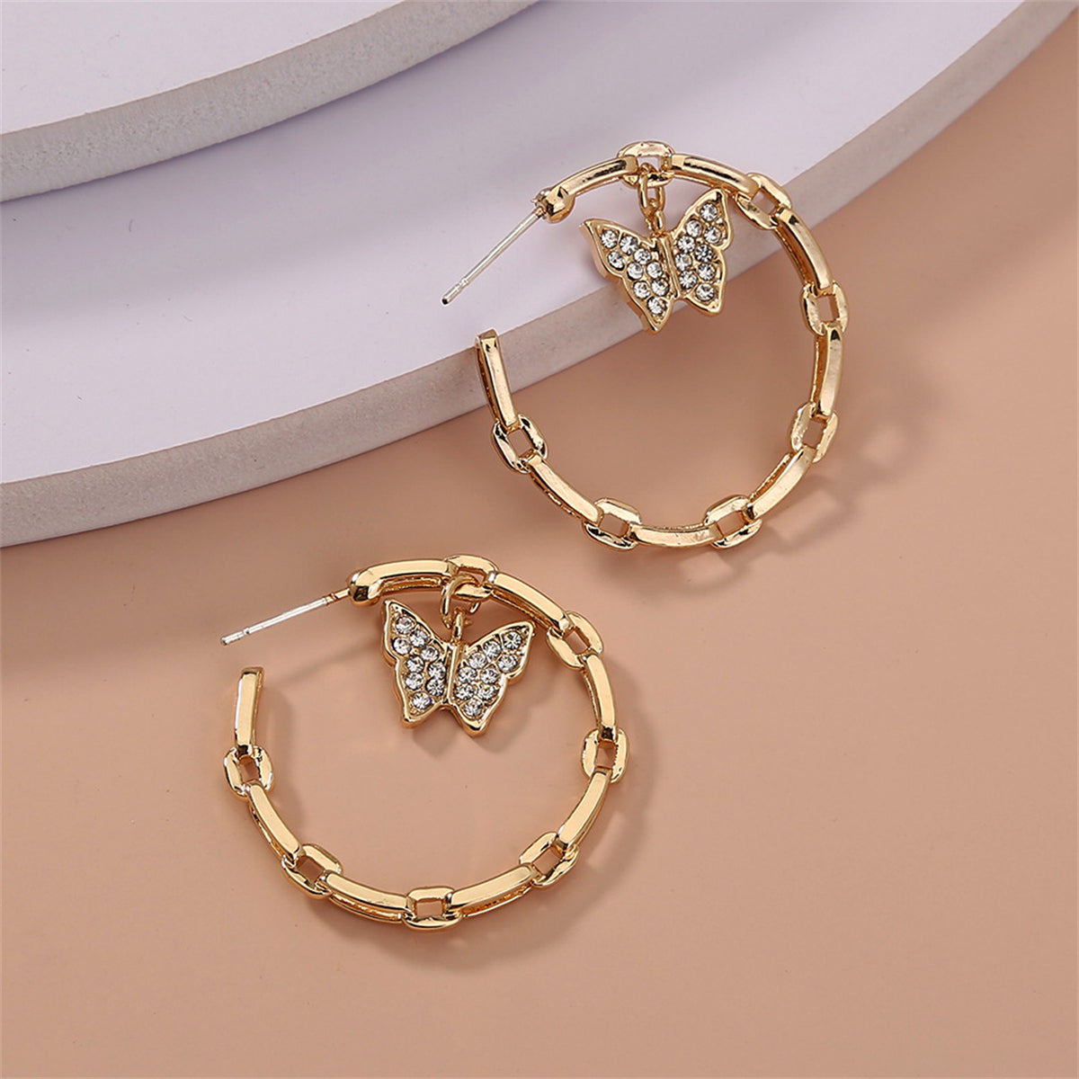 Cubic Zirconia and 18K Gold-Plated Butterfly Chain Hoop Earrings, gold drop earrings for women, lifestyle look