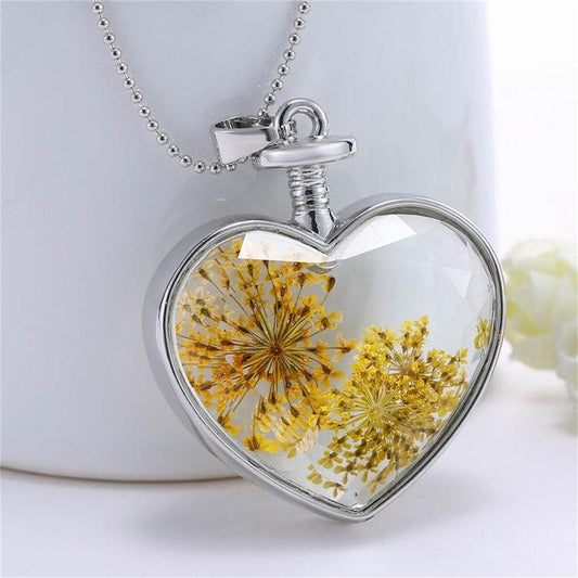 Yellow Pressed Gypsophila and Silver-Plated Heart Pendant Necklace, silver pendant necklace for women, front view