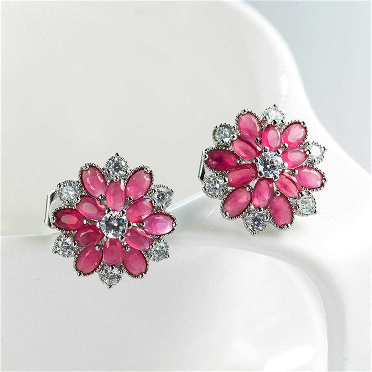 Rose Crystal & Cubic Zirconia Floral Stud Earrings