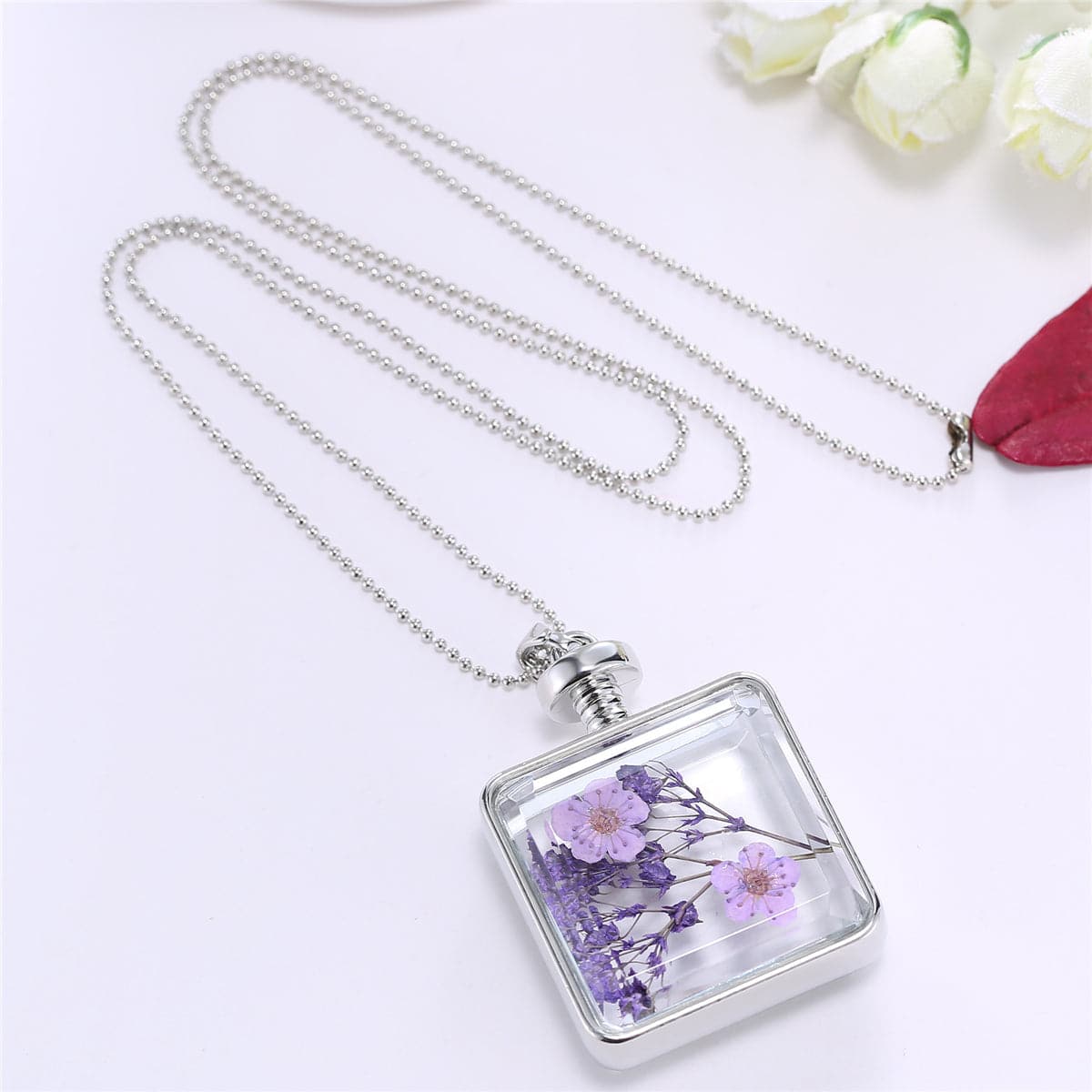 Purple Pressed Peach Blossom & Silver-Plated Square Pendant Necklace