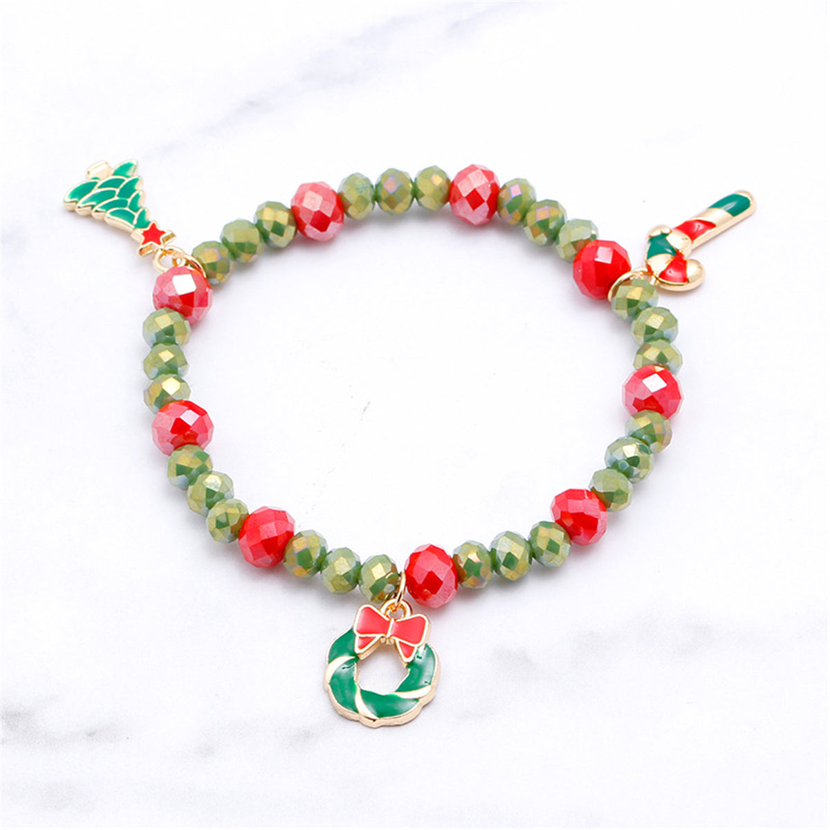 Green Enamel and Silver-Plated Beaded Christmas Tree and Bow Stretch Bracelet, silver bracelet for women, front view