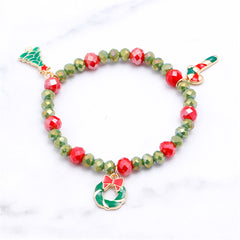 Green Enamel & Silver-Plated Beaded Christmas Tree & Bow Stretch Bracelet