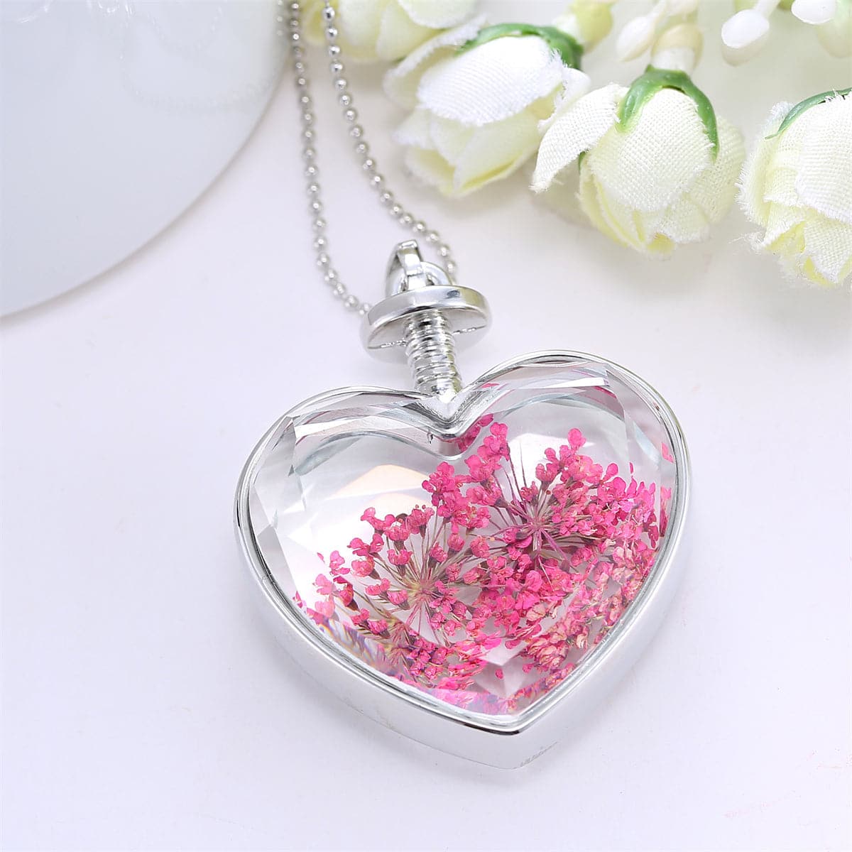 Rose Pressed Gypsophila and Silver-Plated Heart Pendant Necklace, silver pendant necklace for women, side view