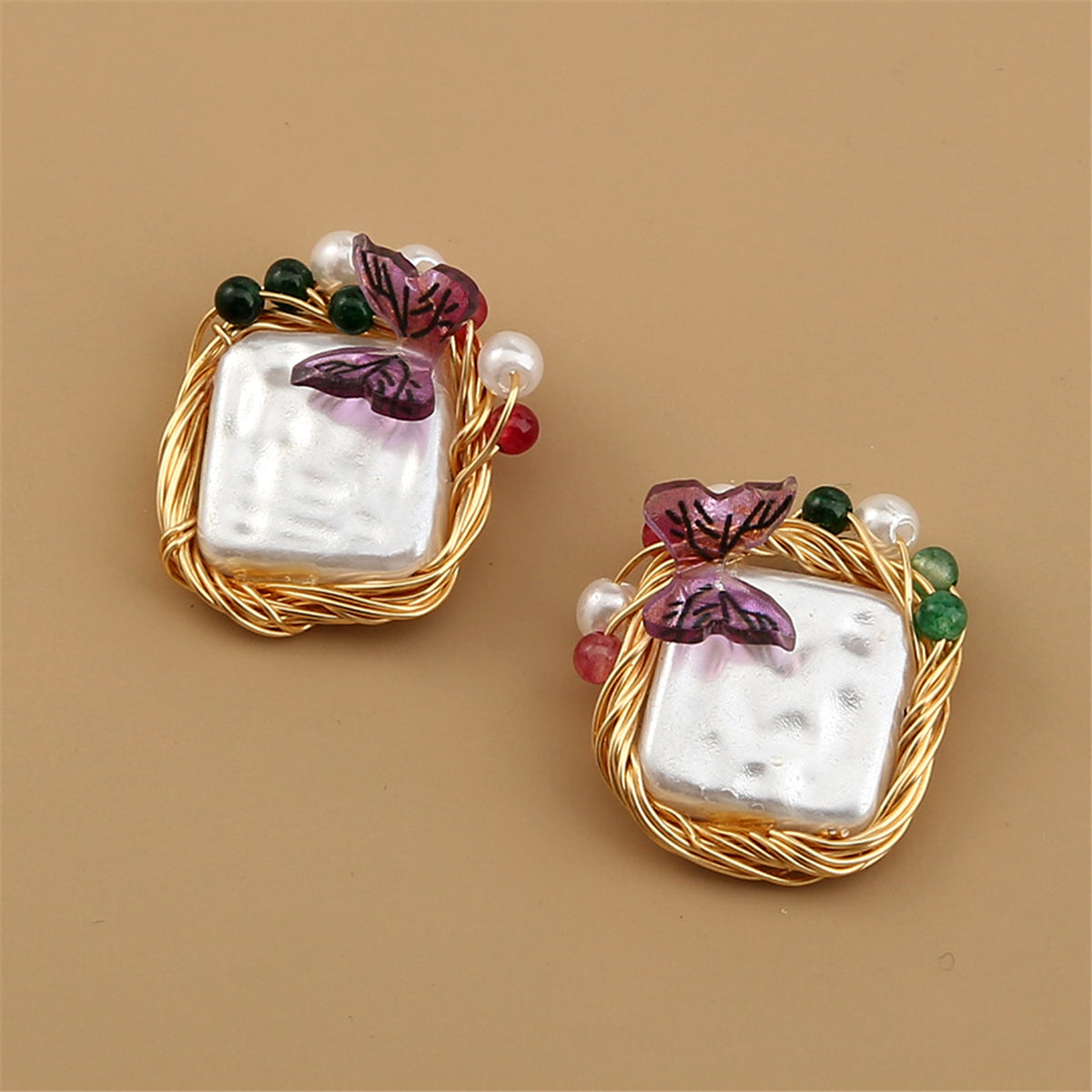 Pearl and Purple Butterfly Square Stud Earrings, stud earrings for women, elegant gift for her, styled look