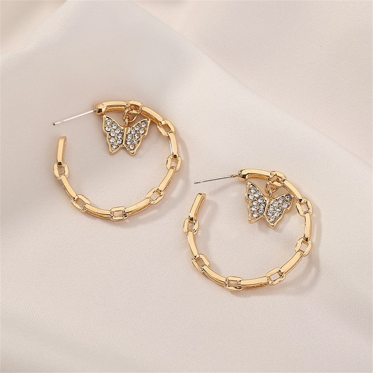Cubic Zirconia and 18K Gold-Plated Butterfly Chain Hoop Earrings, gold drop earrings for women, styled look