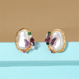 Oval Pearl & Purple Butterfly Stud Earring
