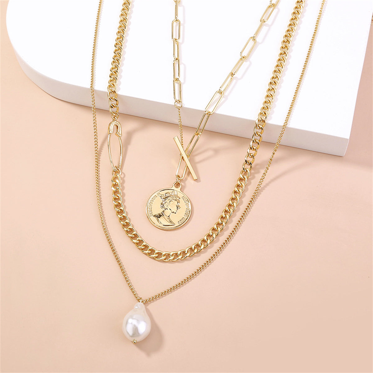 Pearl & 18K Gold-Plated Layered Coin Pendant Necklace Set