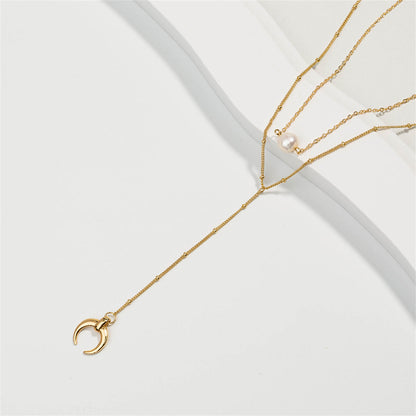 Pearl and 18K Gold-Plated Moon Drop Layered Necklace, gold pendant necklace for women, dainty minimalist design, styled look