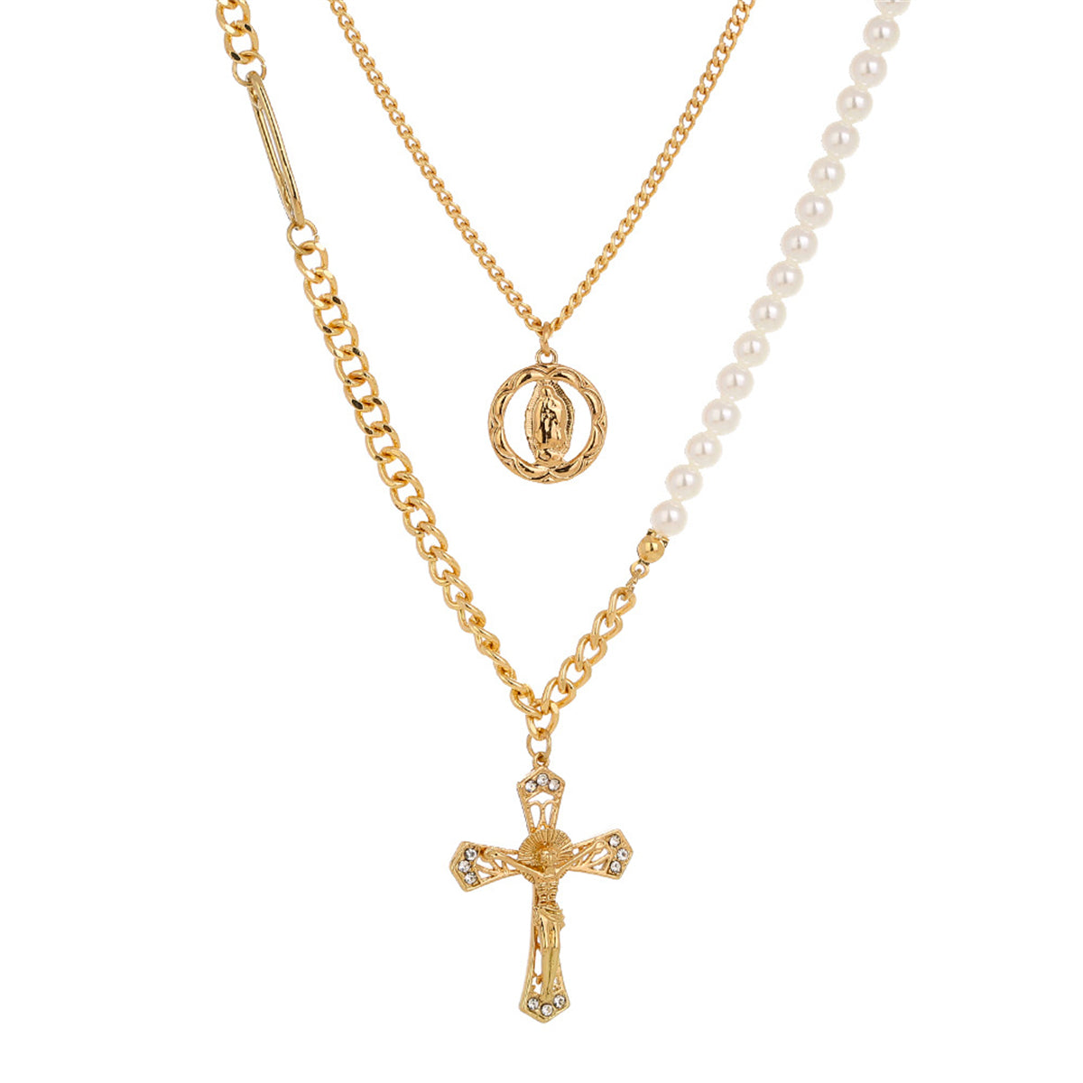 Cubic Zirconia and Pearl 18K Gold-Plated Cross Layered Necklace, gold pendant necklace for women, side view