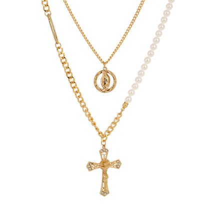Cubic Zirconia and Pearl 18K Gold-Plated Cross Layered Necklace, gold pendant necklace for women, side view