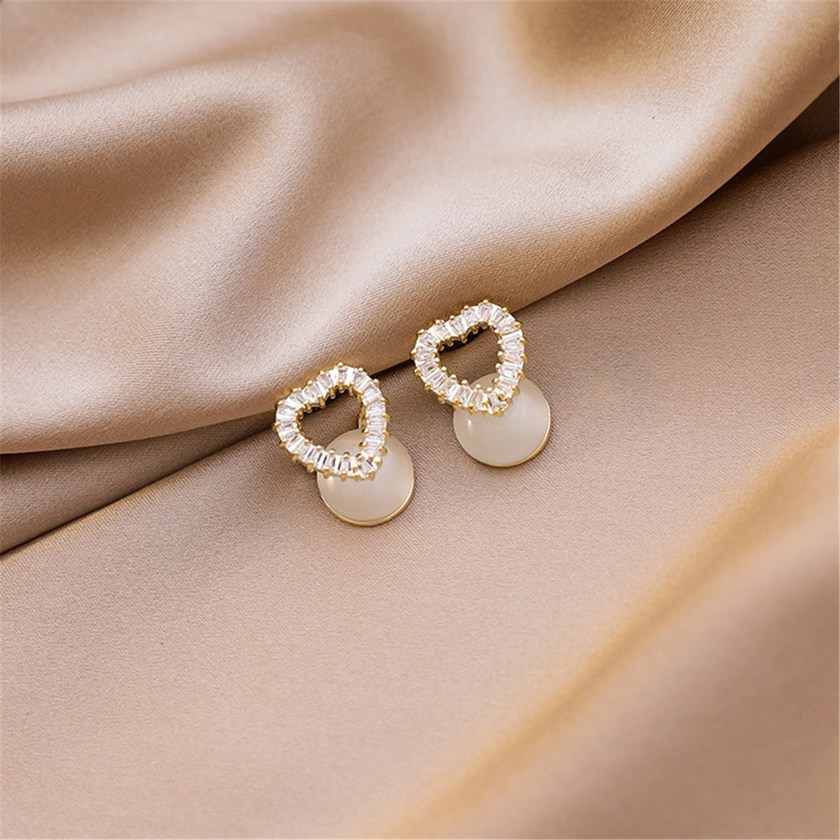 Clear Cubic Zirconia & Cateye 18K Gold-Plated Heart Stud Earrings