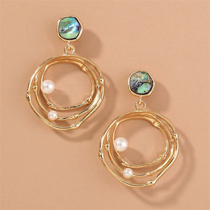Abalone Shell and Pearl 18K Gold-Plated Layered Drop Earrings, gold drop earrings for women, detail close-up