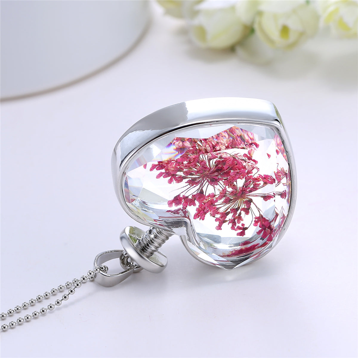 Rose Gypsophila & Silver-Plated Pressed Flower Heart Pendant Necklace