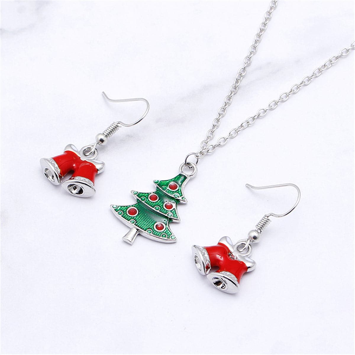 Red Enamel and Silver-Plated Bell Drop Earrings and Christmas Tree Pendant Necklace Set, silver drop..., detail close-up