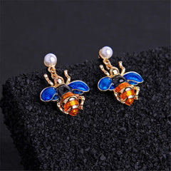 Pearl & Blue Enamel 18K Gold-Plated Bee Drop Earrings