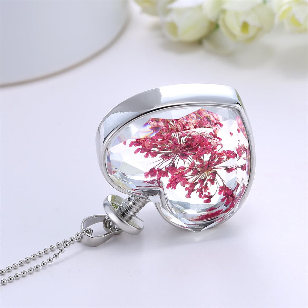 Rose Pressed Gypsophila and Silver-Plated Heart Pendant Necklace, silver pendant necklace for women, detail close-up