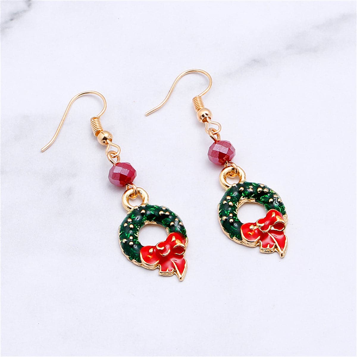 Green and Pink Enamel 18K Gold-Plated Bow Wreath Drop Earrings, gold drop earrings for women, side view