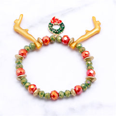 Green Enamel & 18K Gold-Plated Reindeer Antlers Beaded Stretch Bracelet