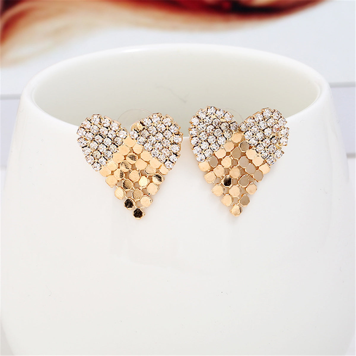 Cubic Zirconia & 18K Gold-Plated Sequin Heart Stud Earrings