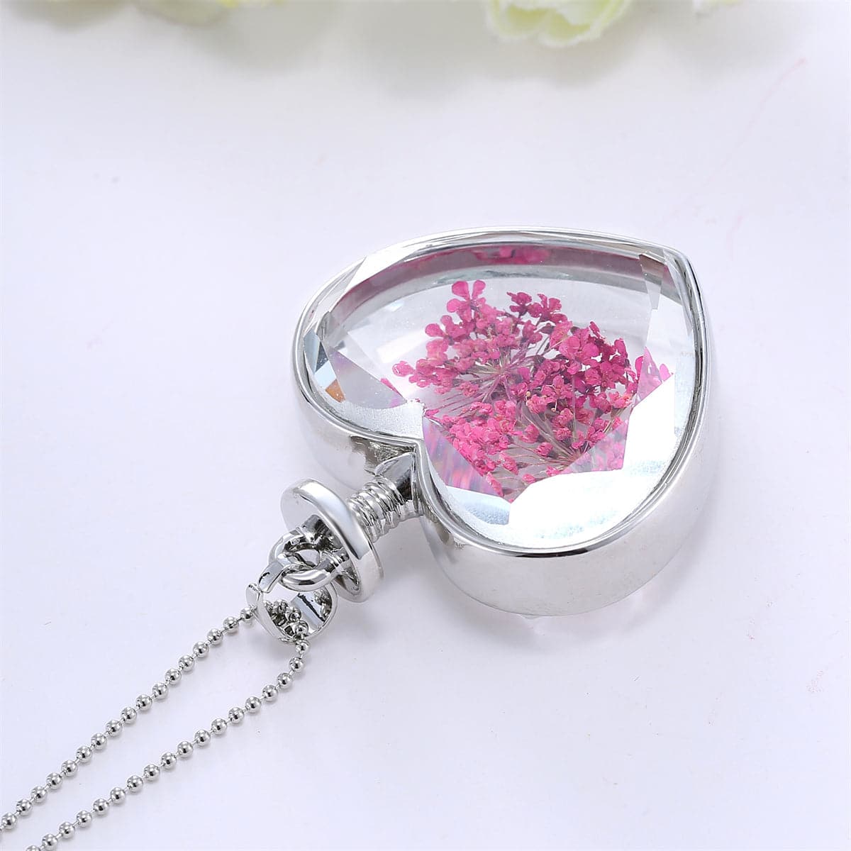Rose Pressed Gypsophila and Silver-Plated Heart Pendant Necklace, silver pendant necklace for women, lifestyle look