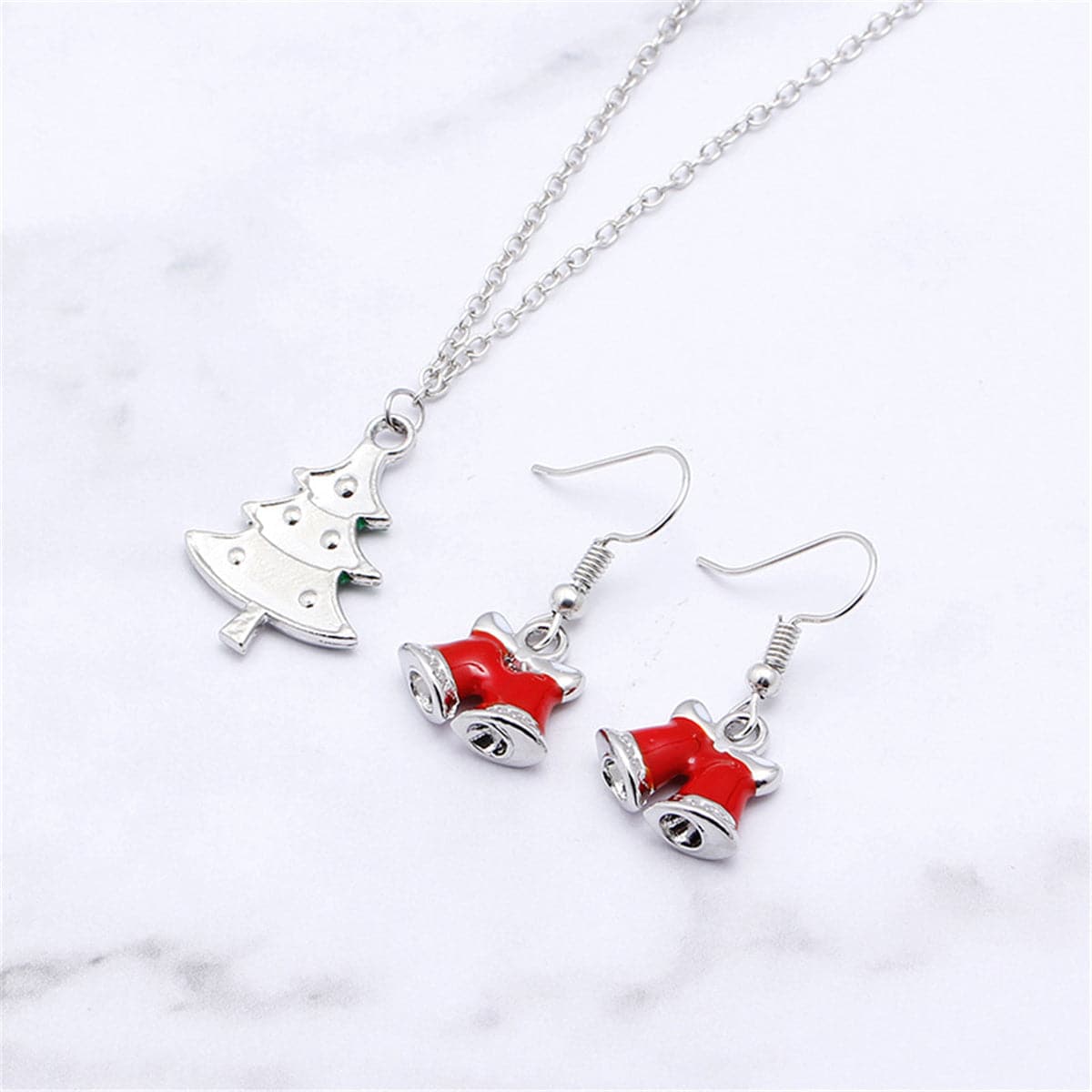 Red Enamel and Silver-Plated Bell Drop Earrings and Christmas Tree Pendant Necklace Set, silver drop..., lifestyle look