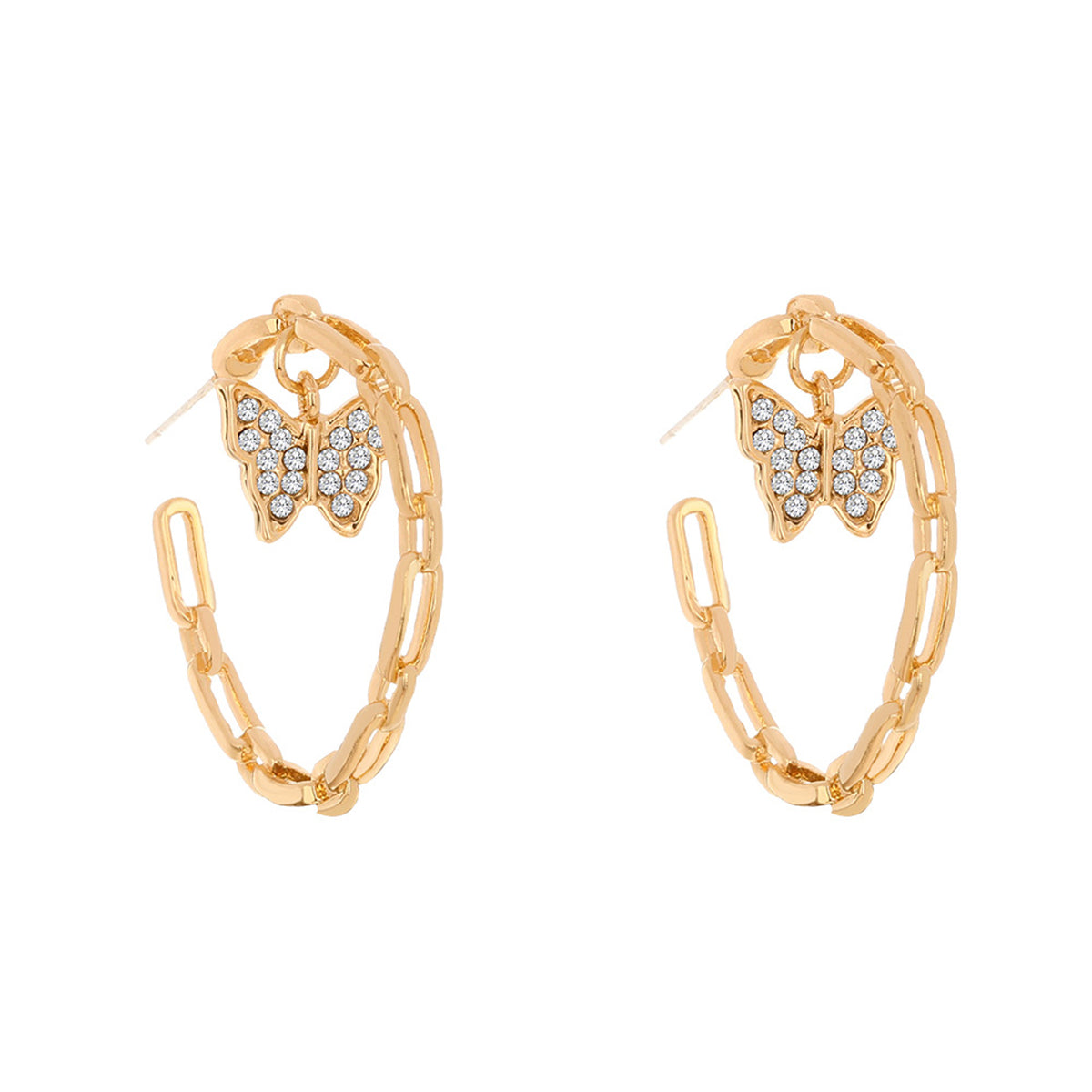 Cubic Zirconia & 18K Gold-Plated Butterfly Chain Hoop Earrings