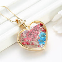 Blue & Goldtone Pressed Flower Heart Pendant Necklace