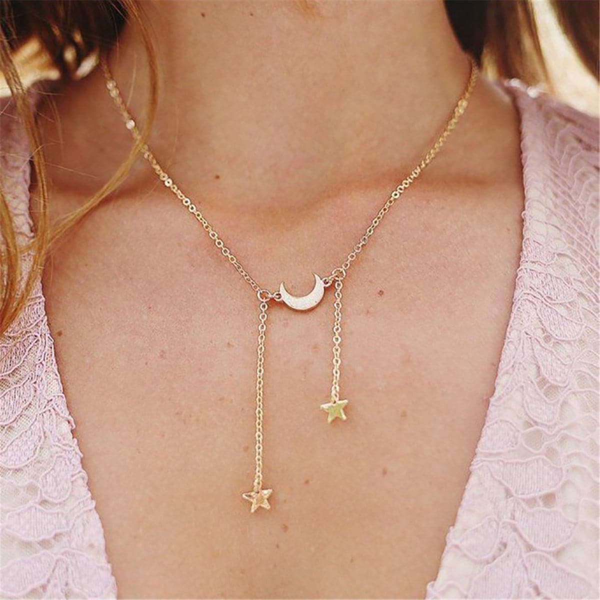 18K Gold-Plated Moon and Star Lariat Necklace, gold pendant necklace for women, vintage-inspired design, front view