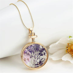 Purple Peach Blossom & Resin Round Pendant Necklace