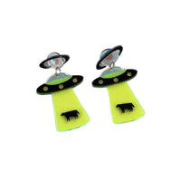 Green & Silvertone UFO Beam Drop Earrings