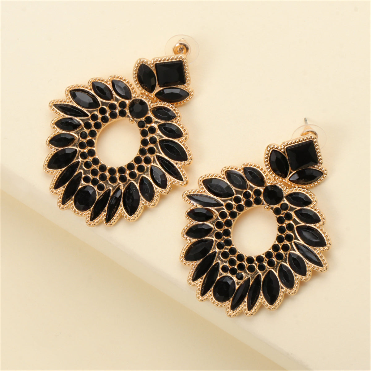 Black Crystal and Cubic Zirconia Geometric Drop Earrings, drop earrings for women, vintage-inspired design, detail close-up