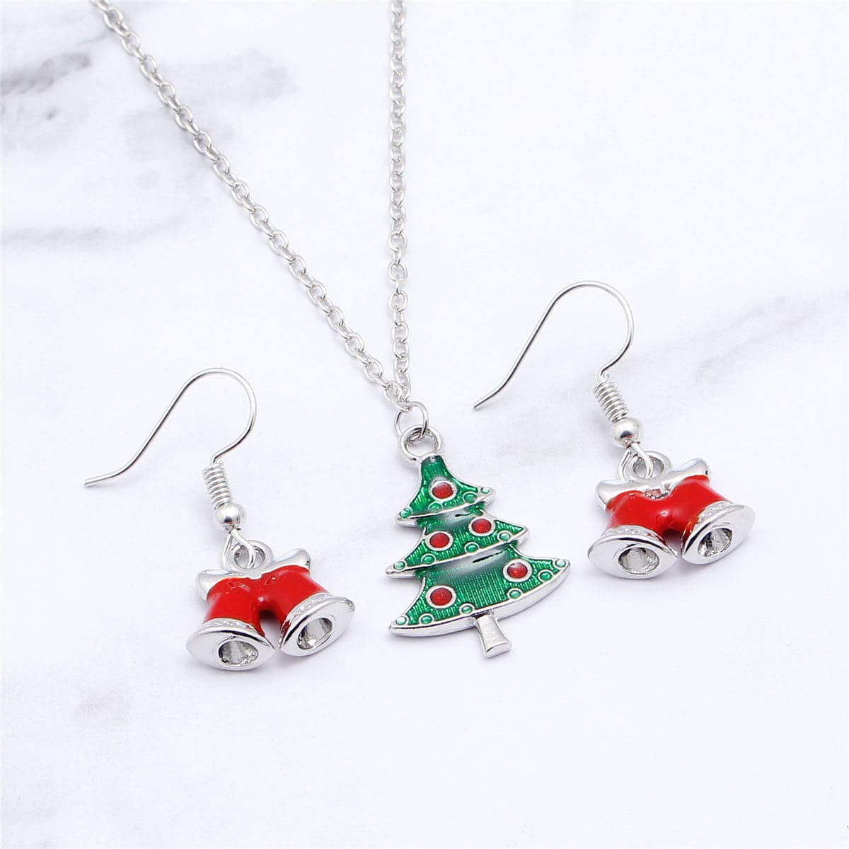 Red Enamel and Silver-Plated Bell Drop Earrings and Christmas Tree Pendant Necklace Set, silver drop earrings..., front view