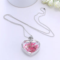 Rose Pressed Gypsophila & Silvertone Heart Pendant Necklace