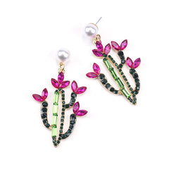 Pink Crystal & Cubic Zirconia Cactus Drop Earrings