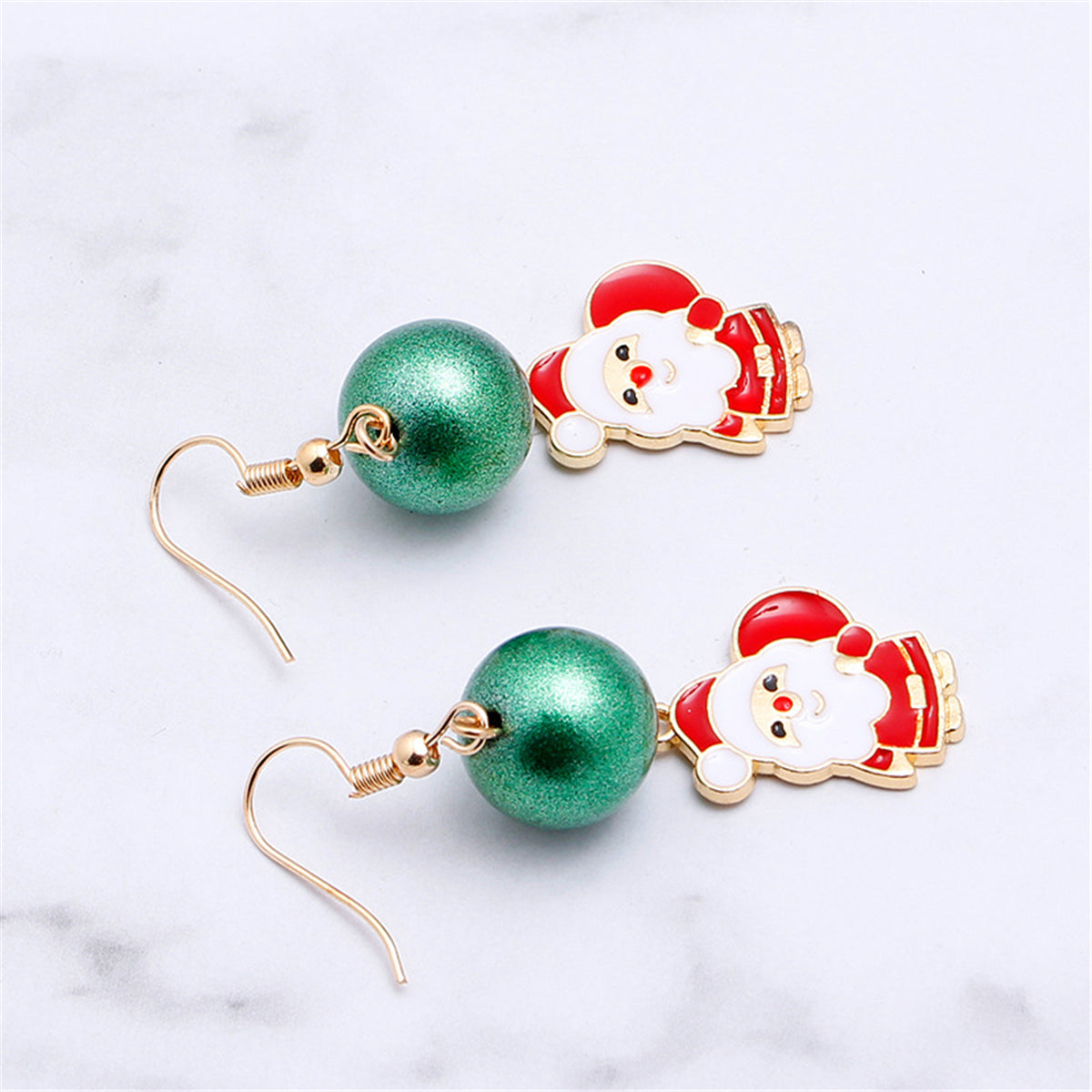 Red Enamel and 18K Gold-Plated Beaded Santa Claus Drop Earrings, gold drop earrings for women, detail close-up