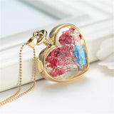 Blue & Goldtone Pressed Flower Heart Pendant Necklace