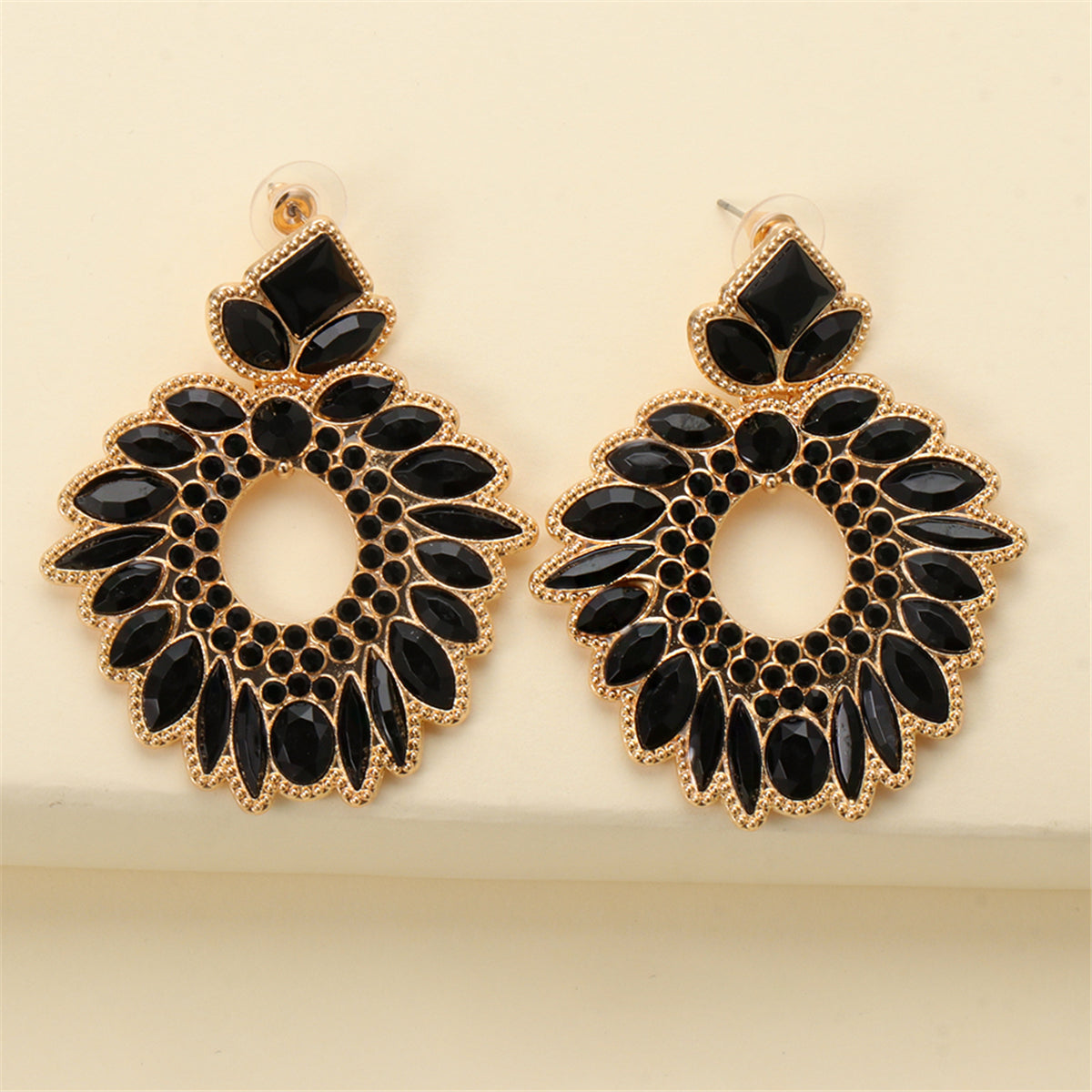 Black Crystal and Cubic Zirconia Geometric Drop Earrings, drop earrings for women, vintage-inspired design, lifestyle look